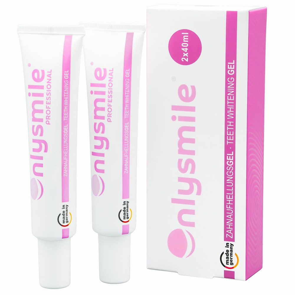 Deux tubes de gel blanchissant OnlySmile® et une boîte. Inscriptions : OnlySmile®, gel blanchissant, Made in Germany.