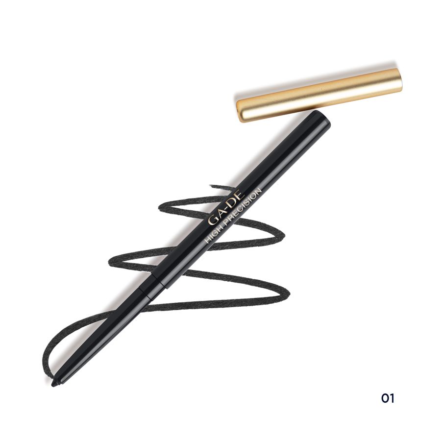 Eyeliner noir avec capuchon doré ouvert. Ligne noire à côté. Inscription: GA-DE HIGH PRECISION.