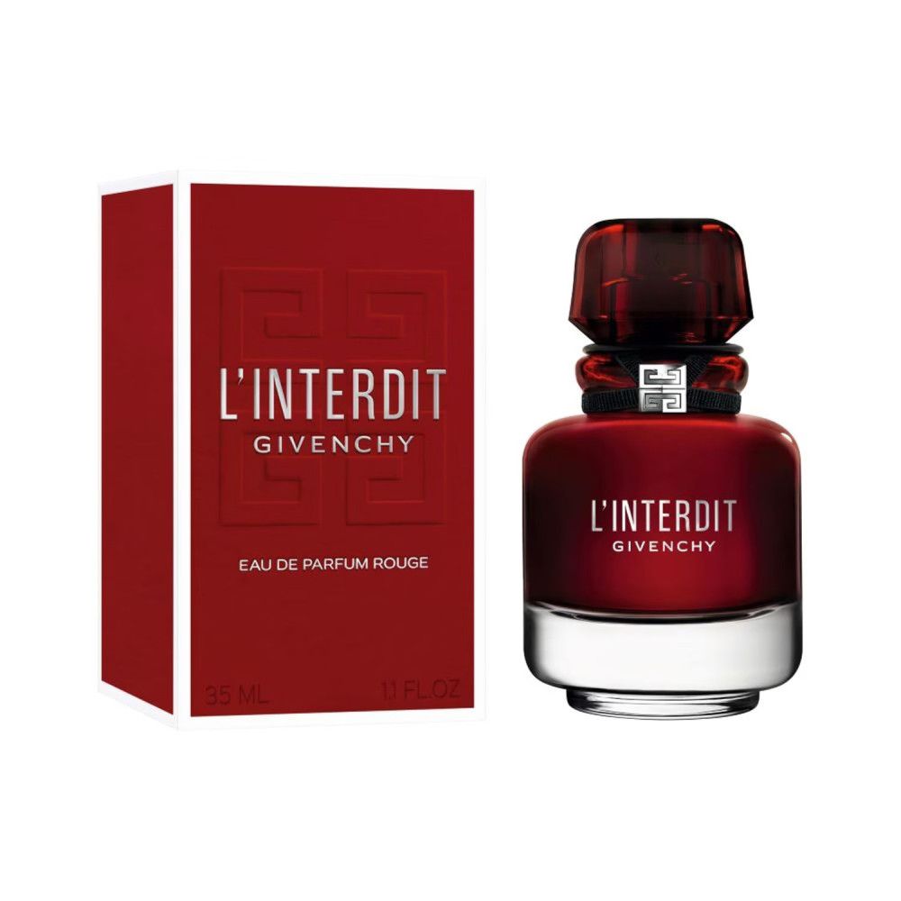 Rode fles en verpakking van Givenchy L'Interdit Eau de Parfum Rouge. Fles met zwart lint en zilveren logo. Verpakking met logo.