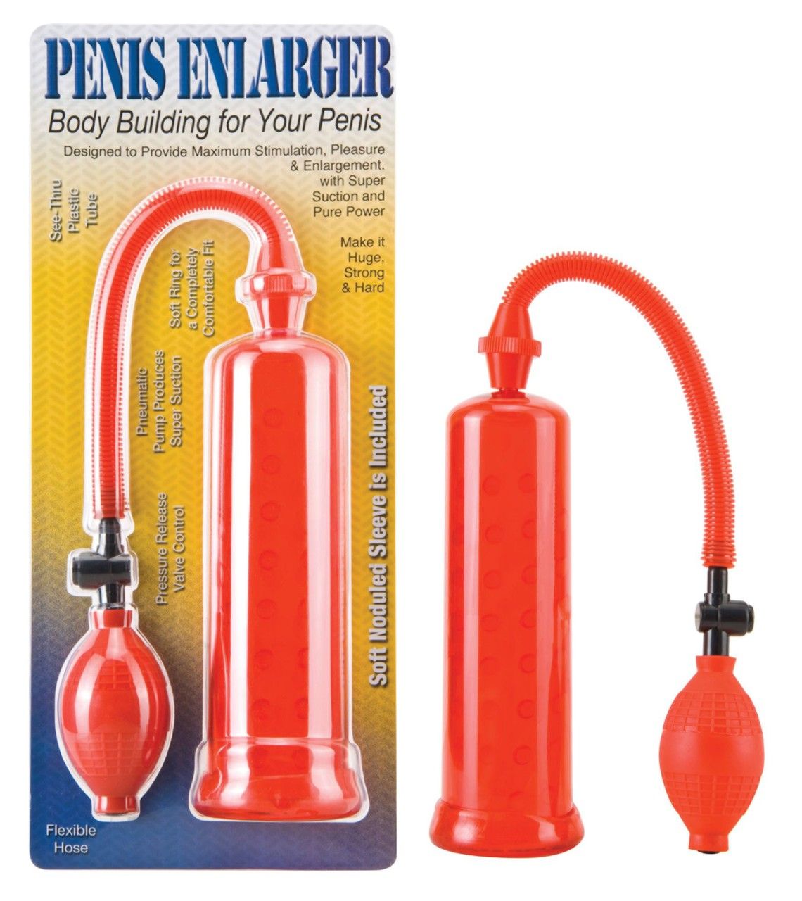 Pompe agrandisseur de pénis rouge avec tuyau et pompe à ballon, emballée et séparée.