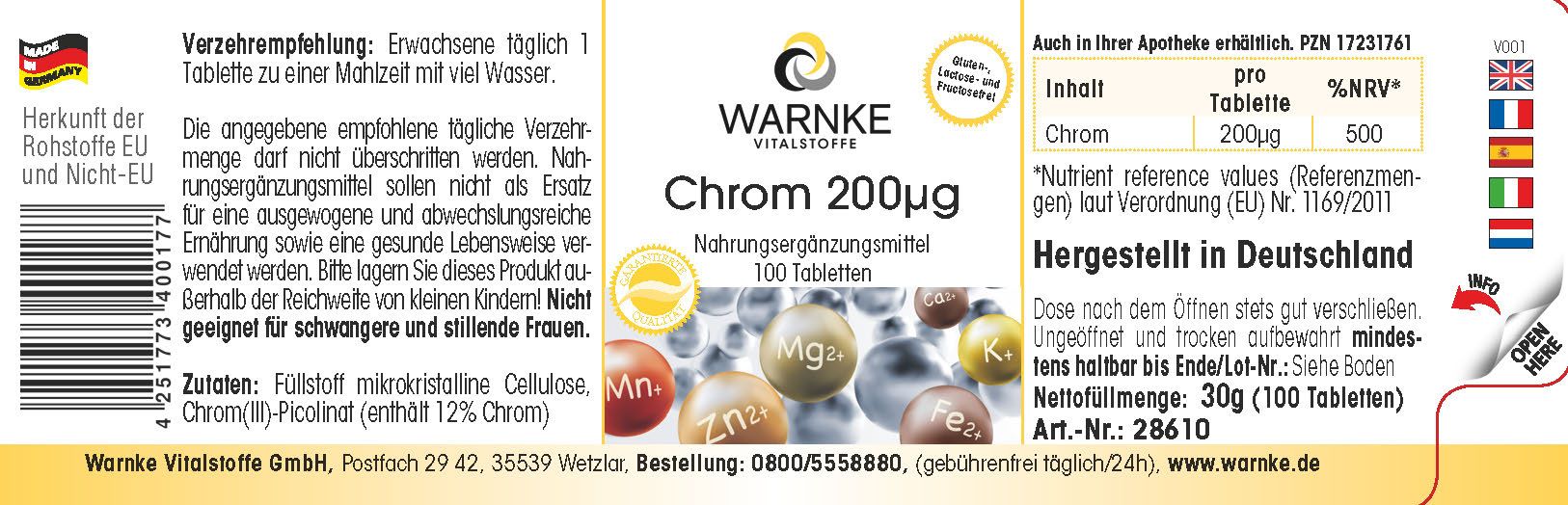 Étiquette d'un flacon. Inscription: Warnke Vitalstoffe Chrom 200µg. 100 comprimés. Informations nutritionnelles. Fabriqué en Allemagne.
