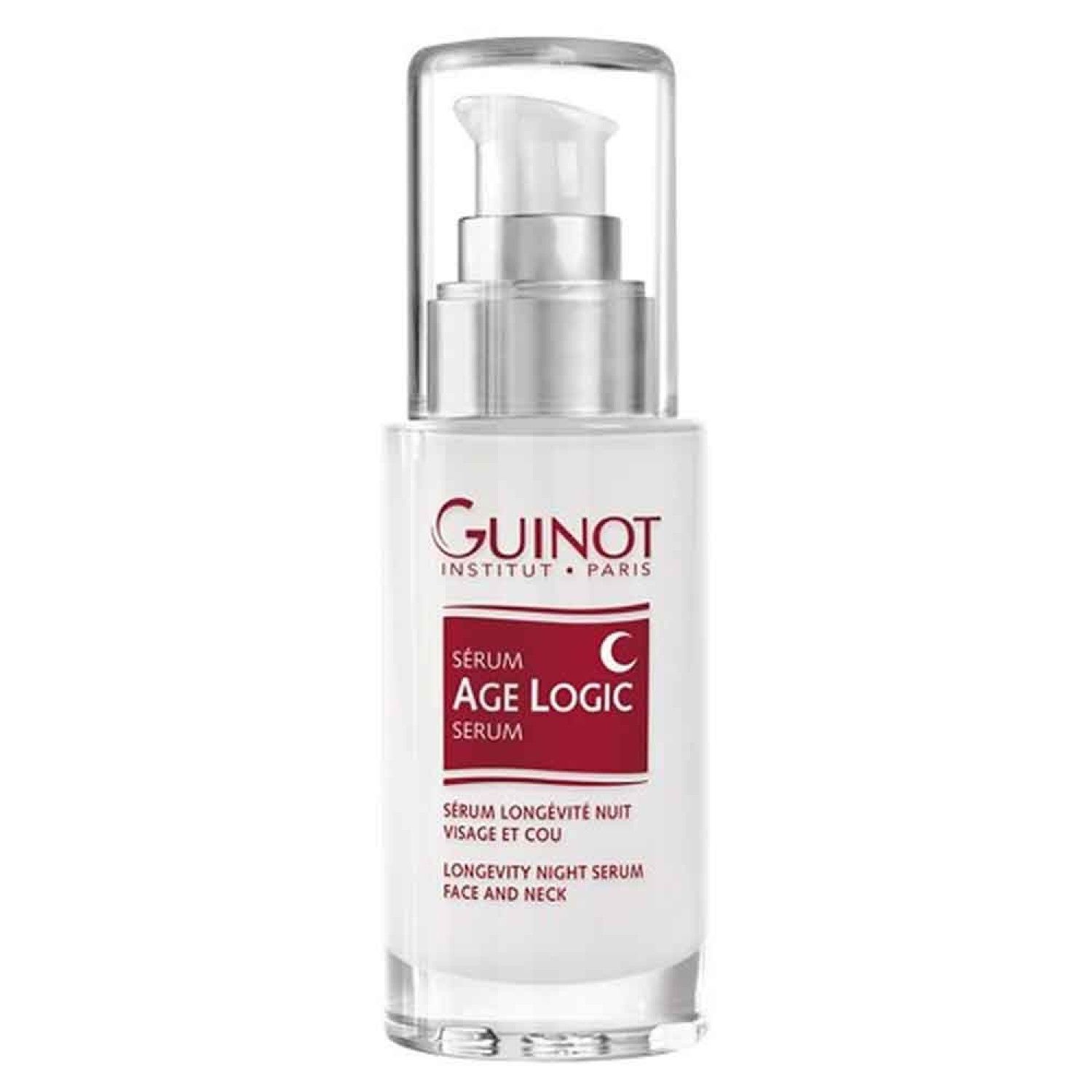 Serumfles met pomp. Opschrift: Guinot, Age Logic Serum. Rode sticker met tekst.