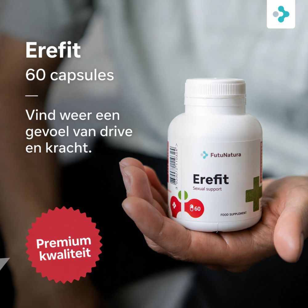 FutuNatura Erefit Sexual Support. Witte fles met capsules in een hand. 60 capsules. Premium kwaliteit.