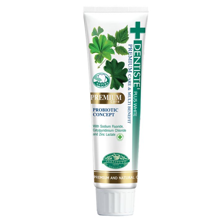 Tube de dentifrice avec texte. Premium Care & Multi Benefit. Probiotic Concept. Avec fluorure de sodium, chlorure de cétylpyridinium et lactate de zinc.