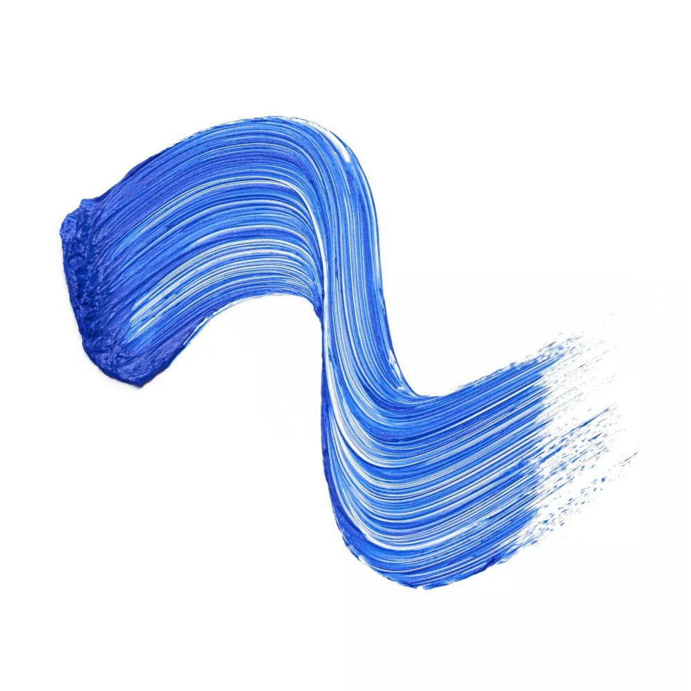 Trait de mascara bleu sur fond blanc. Trait en forme de vague avec coups de pinceau visibles.