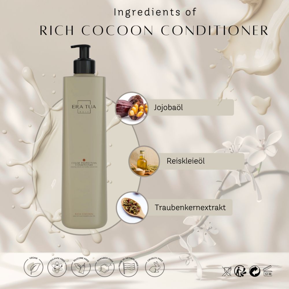 Flacon beige avec pompe noire. Texte: EraTua, Rich Cocoon Conditioner. Ingrédients: huile de jojoba, huile de son de riz, extrait de pépins de raisin.