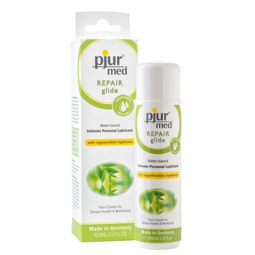 Bouteille et boîte Pjur Med Repair Glide. Lubrifiant à base d'eau avec hyaluron.