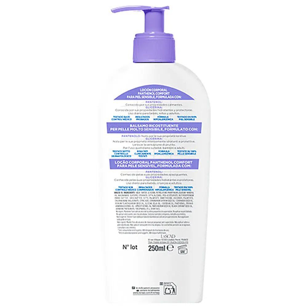 Dos d'un flacon blanc avec pompe violette. Texte: Lozione Corporale Panthenol Comfort. Ingrédients et instructions d'utilisation.