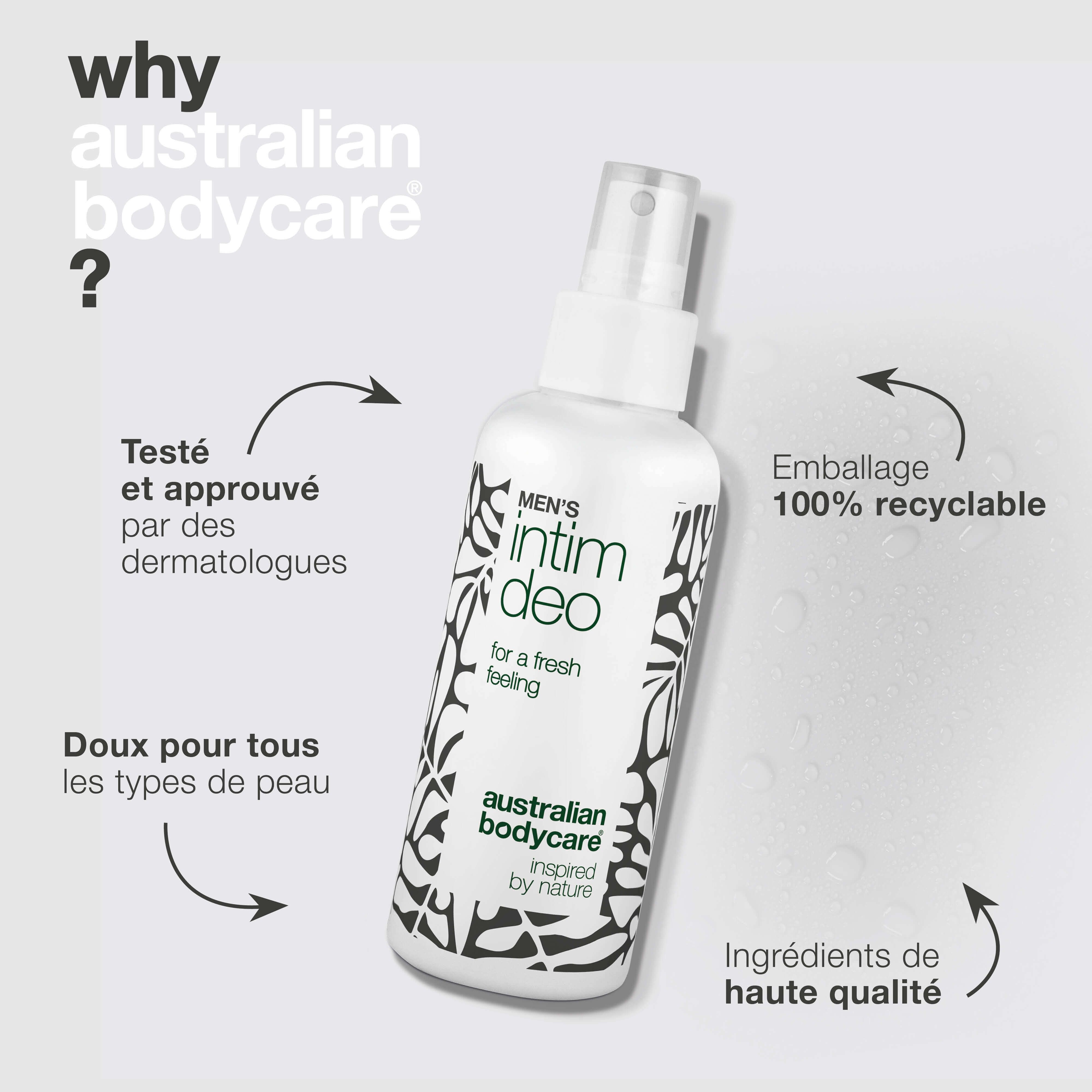 Spray déodorant intime. Texte : Testé dermatologiquement, emballage 100% recyclable, ingrédients de haute qualité. Australian Bodycare.