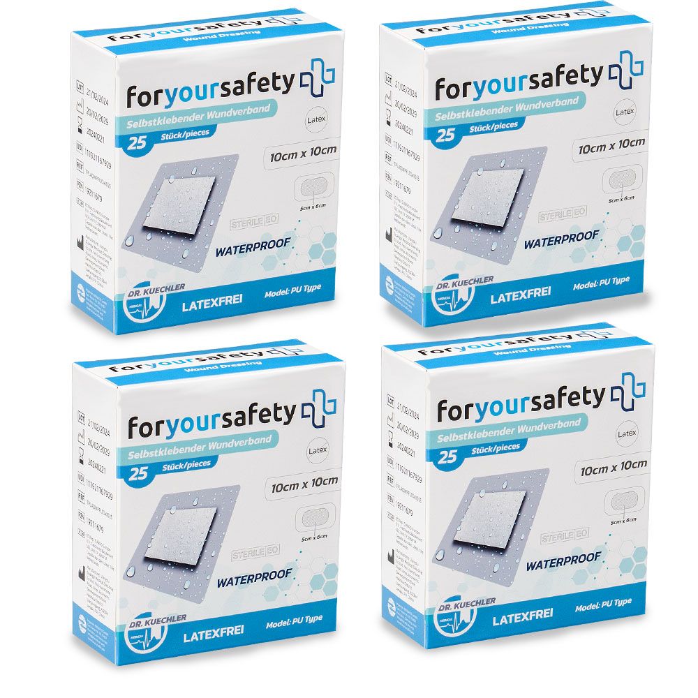 Quatre boîtes de pansements, 10x10cm, stériles, imperméables. Texte : '25 pièces'. Marque : Dr. Kuechler.