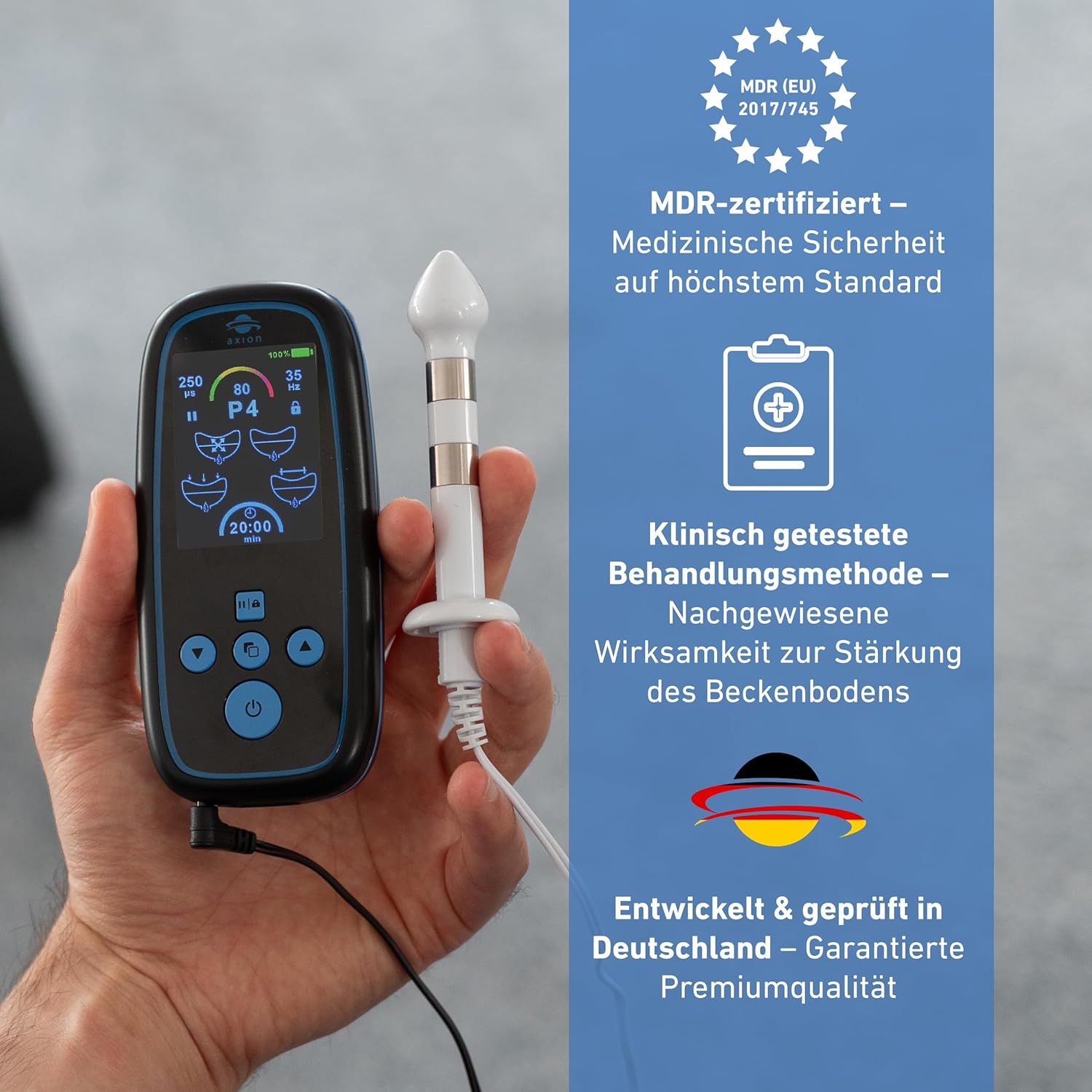 axion® I-3000-apparaat en accessoires. Medische certificering. Tekst over kwaliteit.