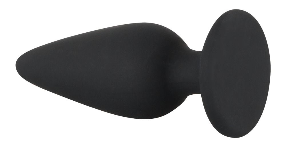 Zwarte anale plug, taps toelopende vorm, ronde basis, zij aanzicht.