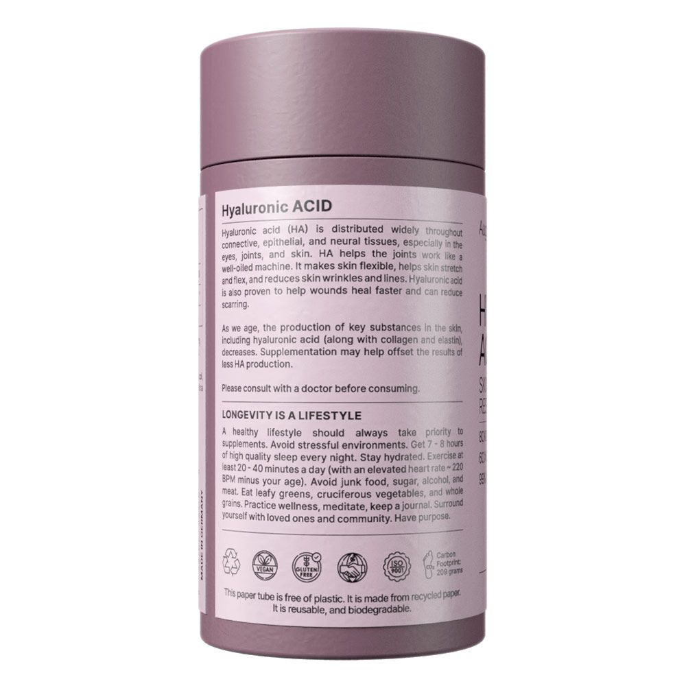 Cilindrische fles met hyaluronzuur supplement. De fles is van papier en recyclebaar.