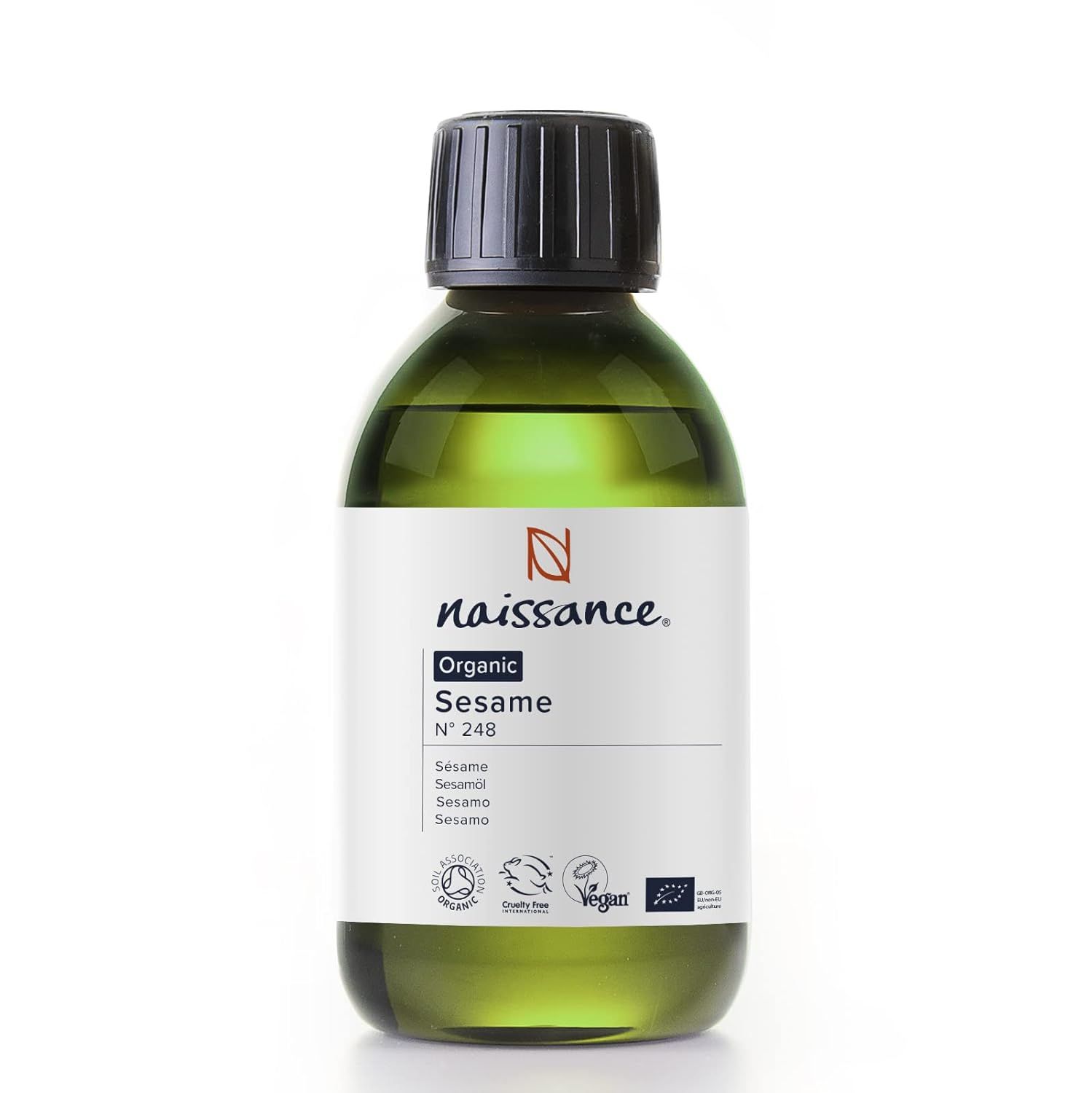Groene glazen fles met zwarte dop. Etiket met "naissance" en "Organic Sesame". Keurmerken: Bio, Vegan.