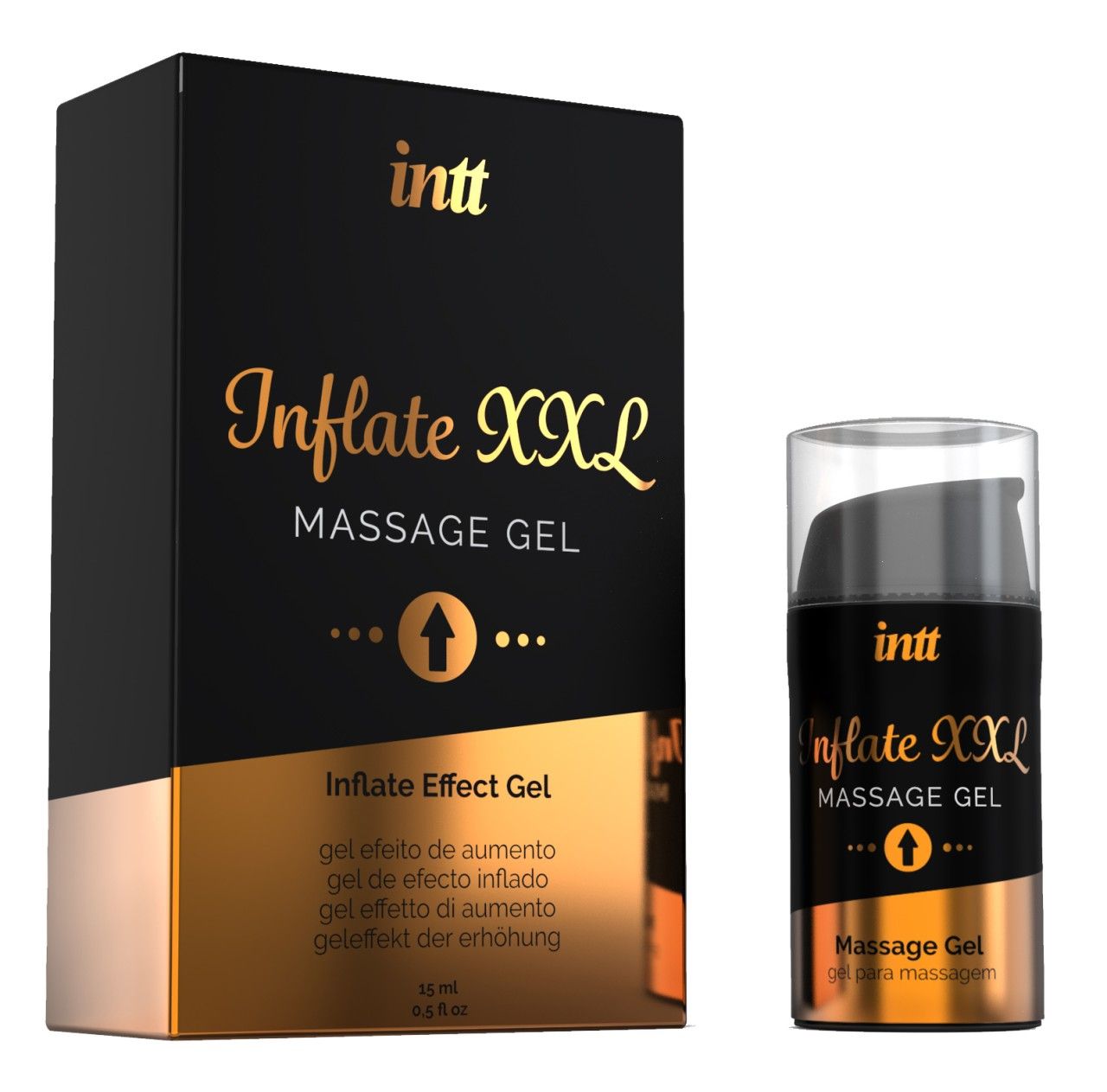 Flacon de gel de massage INTT Inflate XXL à côté de sa boîte.