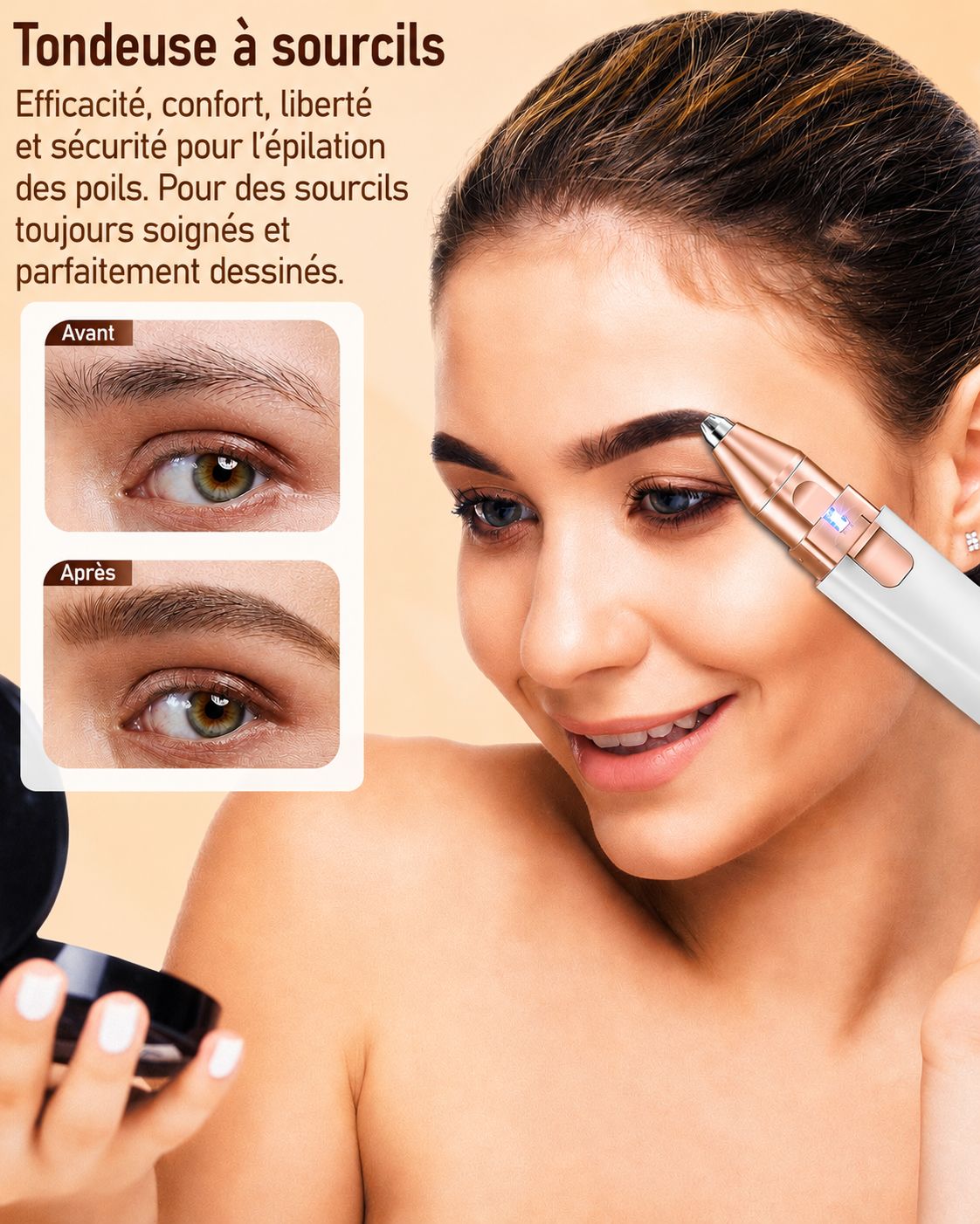 Tondeuse à sourcils électrique blanche et or rose utilisée par une femme. Photos avant/après des sourcils à côté.