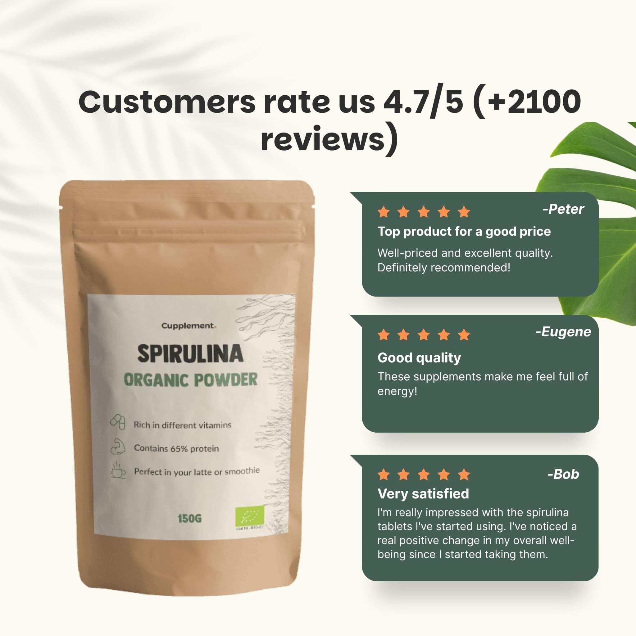 Sachet Cupplement Spirulina BIO. Emballage marron avec étiquette blanche. 150g. Avis clients avec 4,7/5 étoiles.