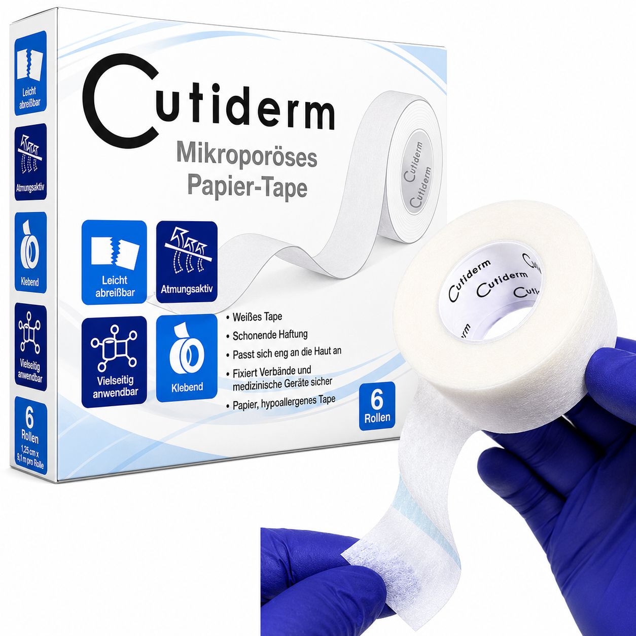 Cutiderm Microporeux Papier-Tape : rouleau et emballage. Facile à déchirer, respirant, adhésif.