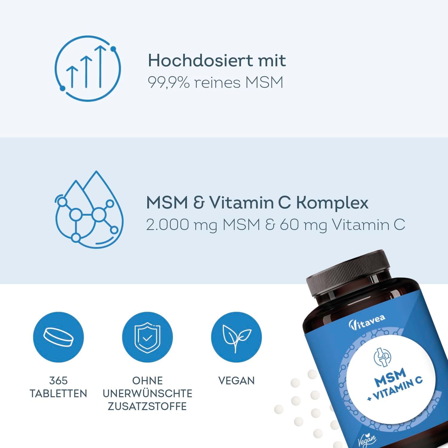 Flacon brun avec texte bleu. Contient des comprimés MSM & Vitamine C. 365 comprimés, sans additifs, végétalien.