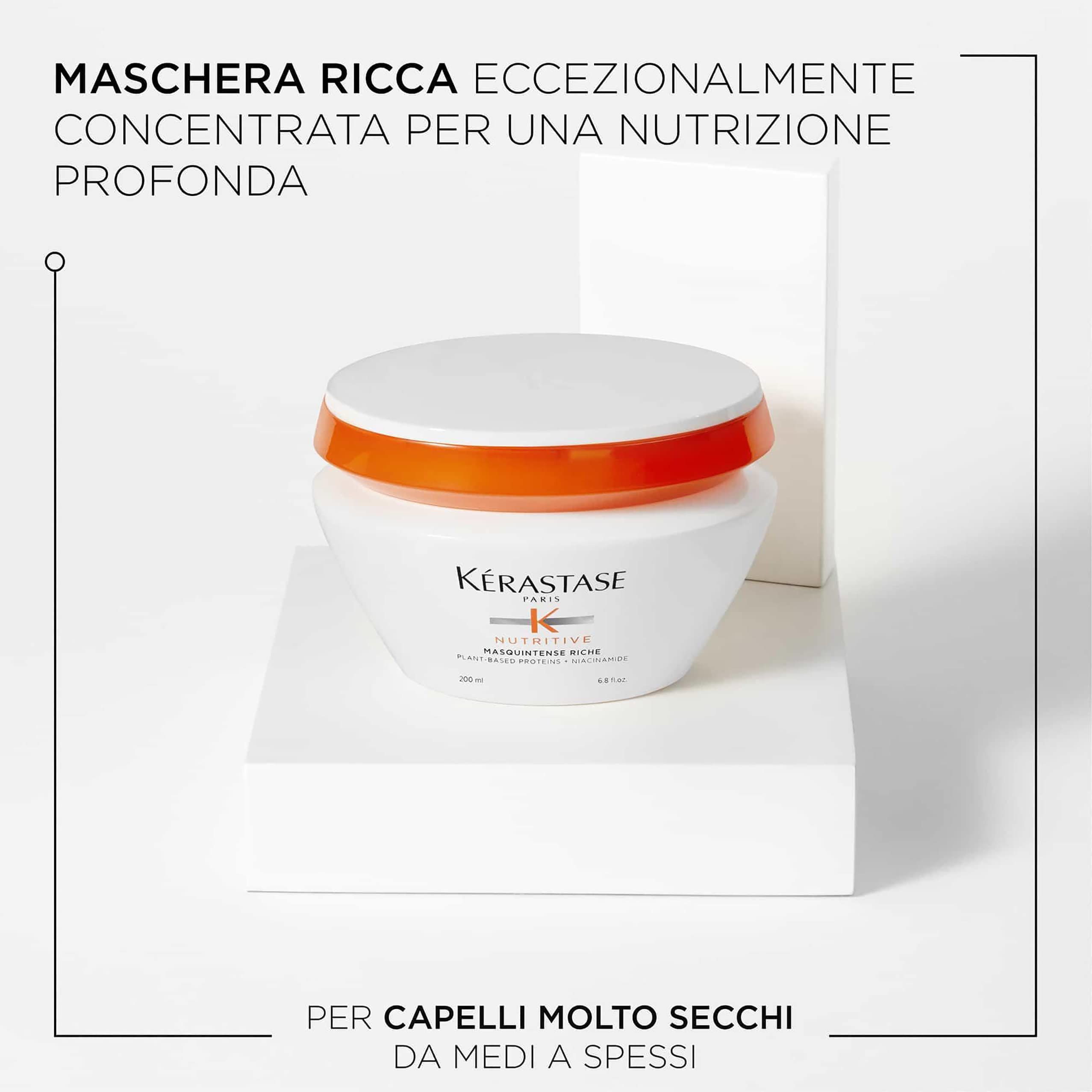 Witte pot met oranje deksel op wit voetstuk. Kérastase-logo en productnaam. Tekst: Nutritive Masquintense Riche.