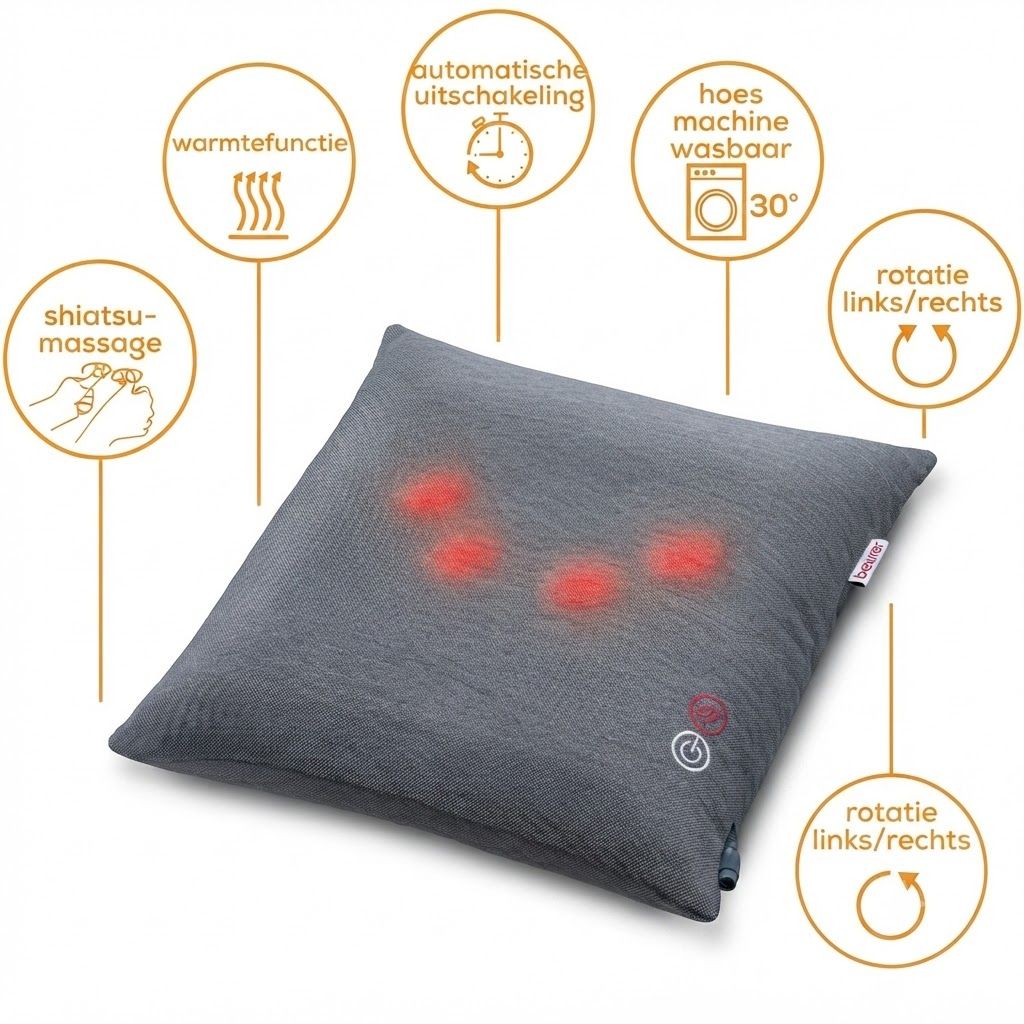 Grijs Shiatsu massagekussen met warmtefunctie, automatische uitschakeling en wasbare hoes.