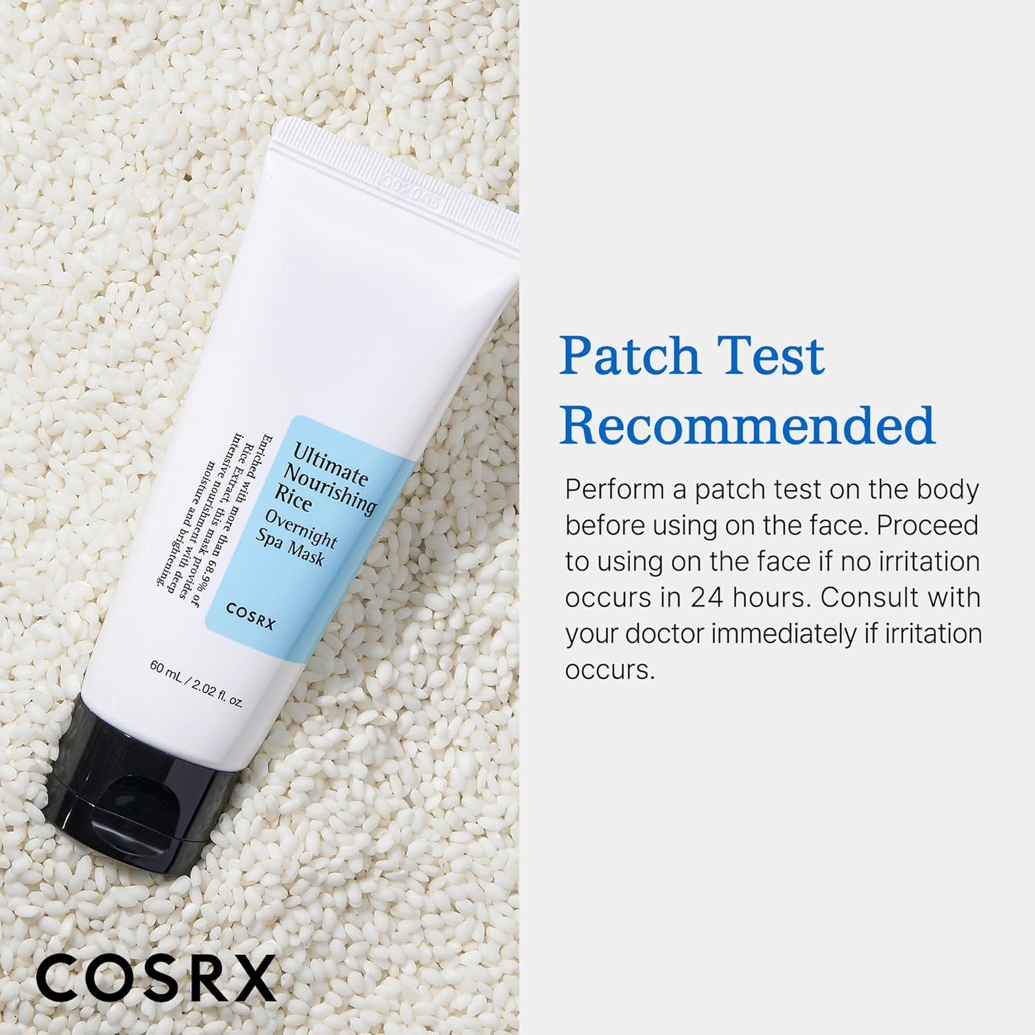 Masque de nuit COSRX au riz. Test de tolérance recommandé avant application faciale.