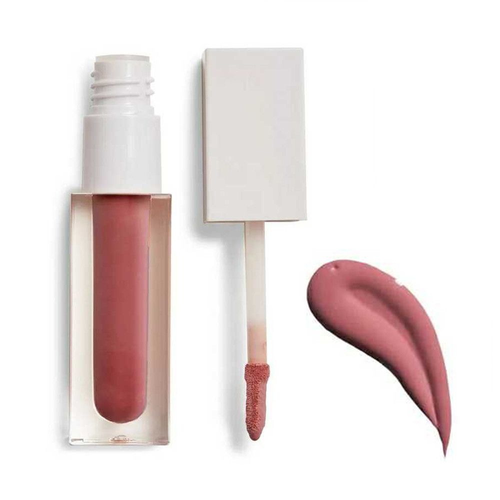 Flacon de gloss avec applicateur et échantillon de couleur. Boîtier transparent, bouchon blanc. Teinte rose.