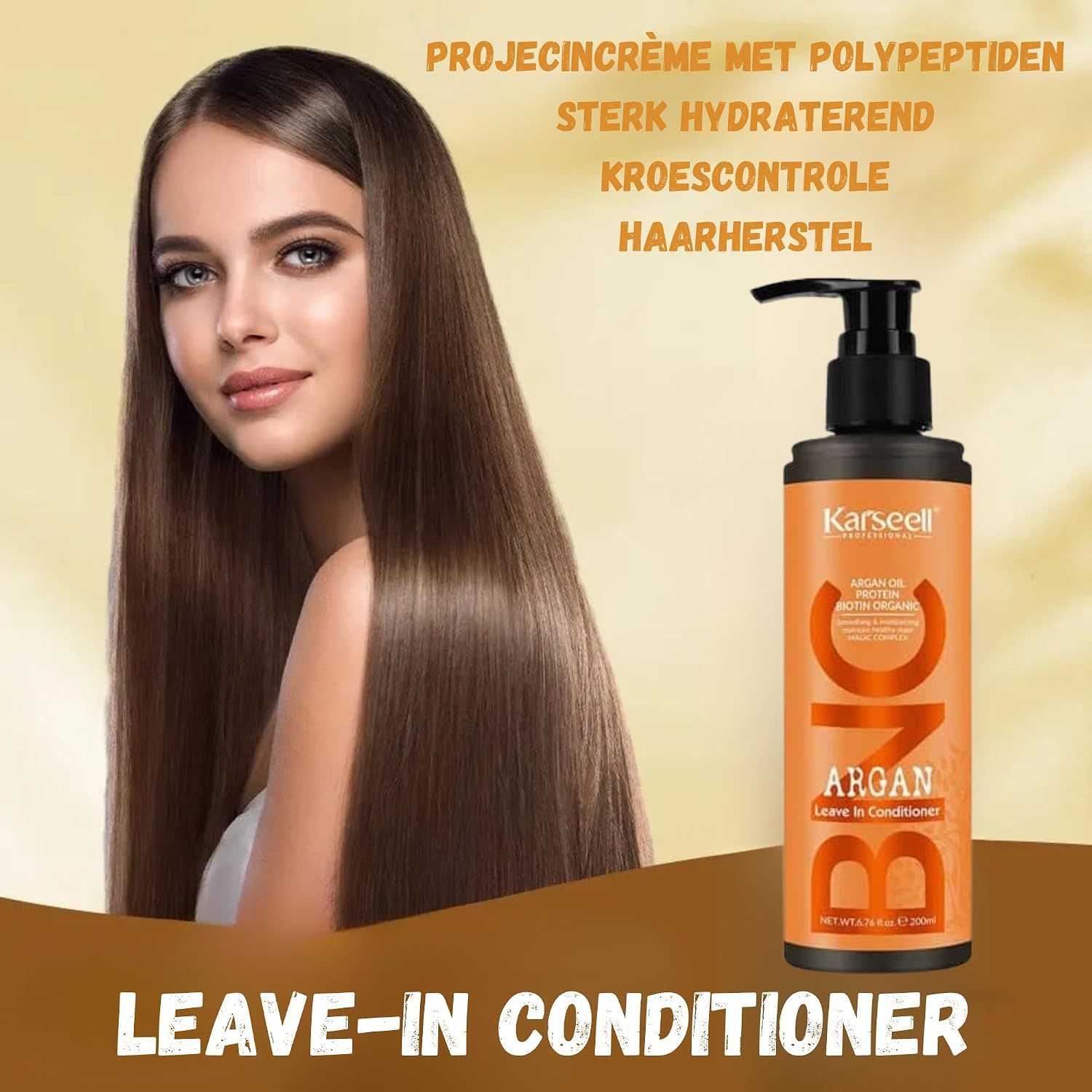 Oranje fles met pompdosering, Karseell Argan Leave-In Conditioner.