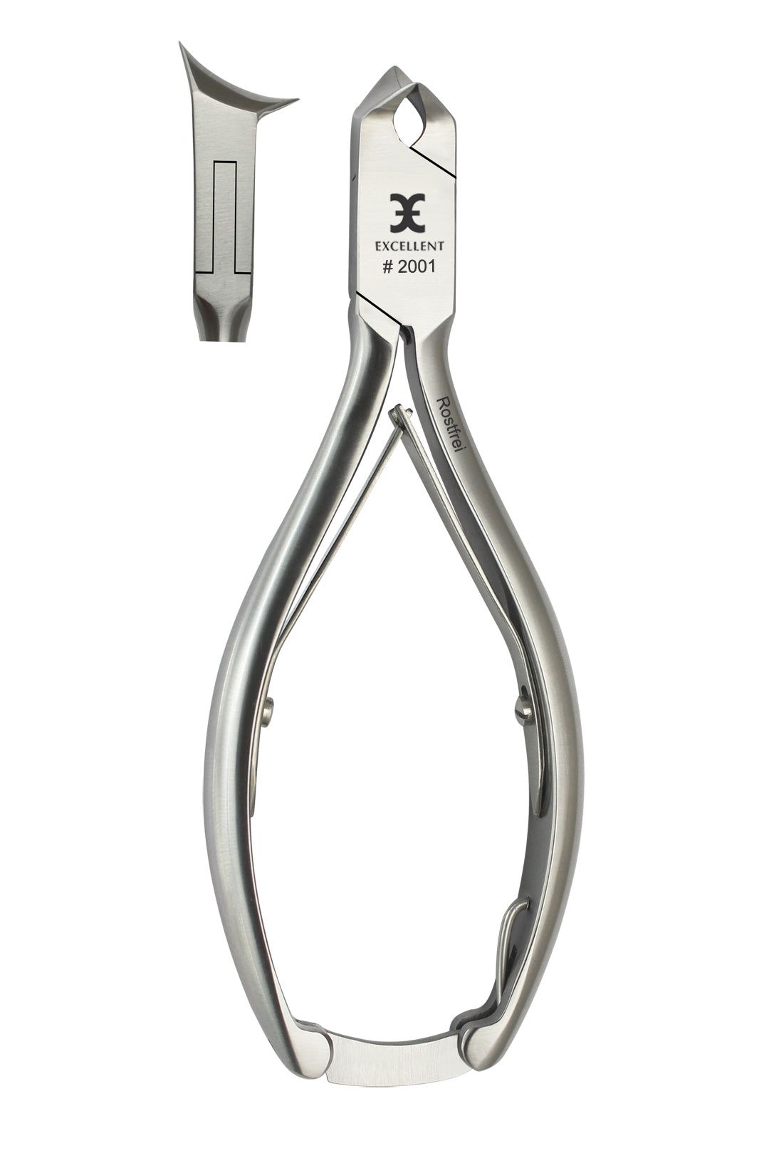 Metalen nageltang, vlamspits, met handgrepen. Merk "EXCELLENT #2001" zichtbaar. Extra snijdeel ernaast.