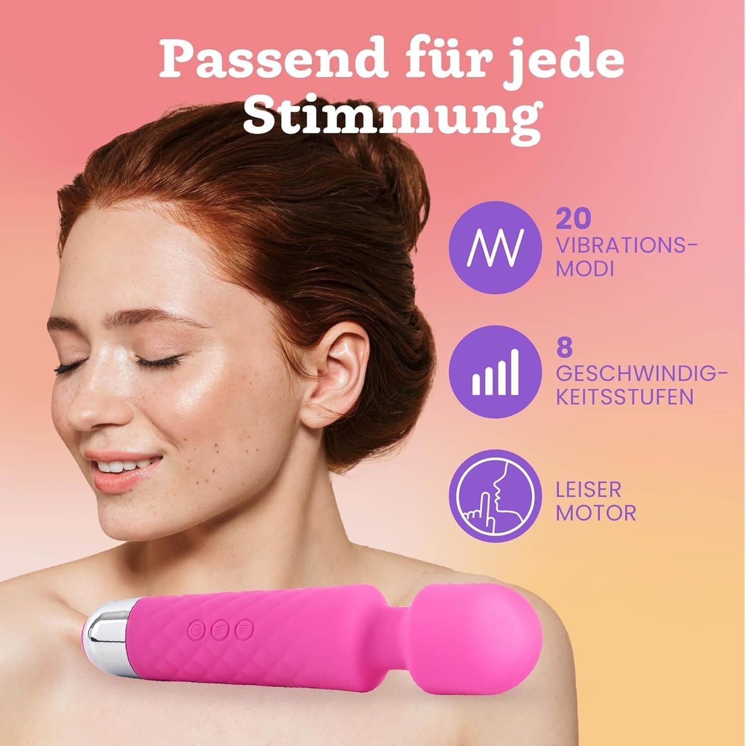 Femme avec vibrateur rose. Caractéristiques du produit : 20 modes de vibration, 8 vitesses, moteur silencieux.
