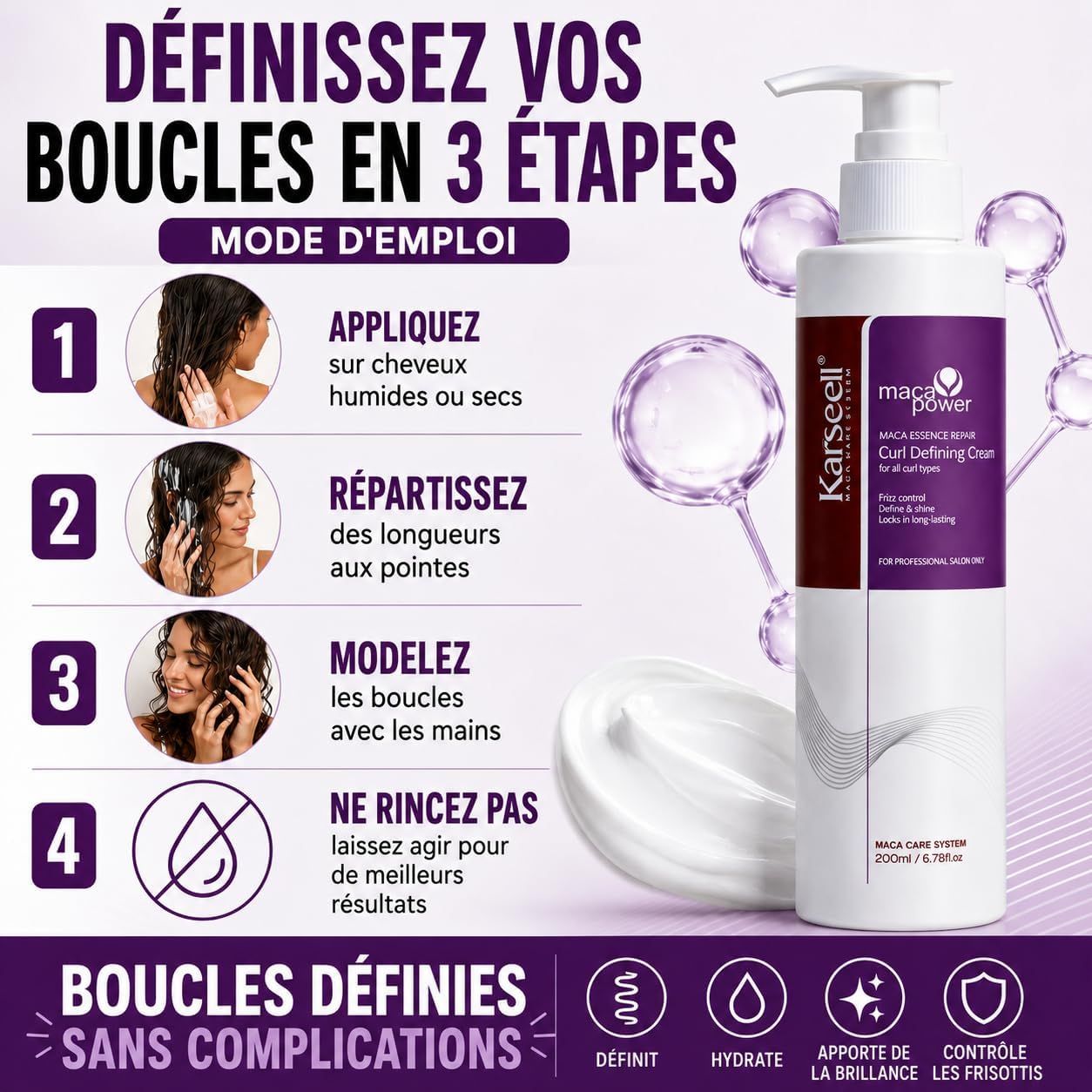 Flacon de Karseell Maca Power Curl Defining Cream, 200ml. Instructions en 4 étapes pour définir les boucles.