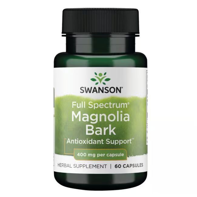 Flacon vert de gélules. Inscription: SWANSON, Magnolia Bark, 400 mg par gélule, 60 gélules. Complément à base de plantes.