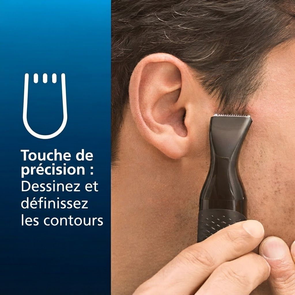 Un homme utilise un trimmer de précision noir près de la ligne des cheveux près de son oreille.