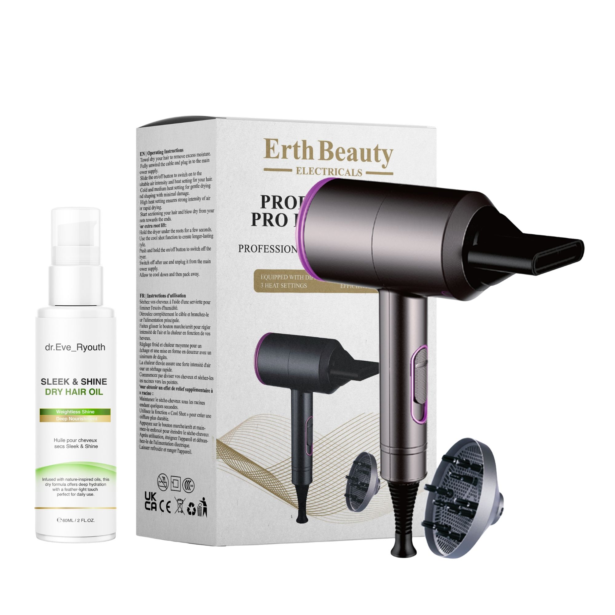 Dr Eve Ryouth Professionele Haardroger met Sleek Shine Droog Haar Olie