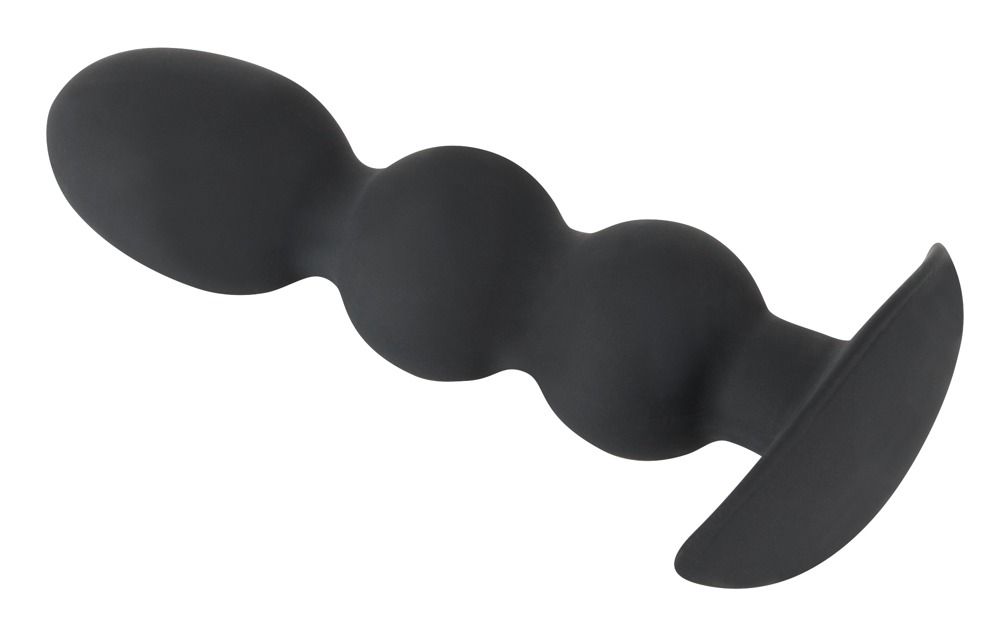 Zwarte anale plug met drie bollen en brede flens, close-up.