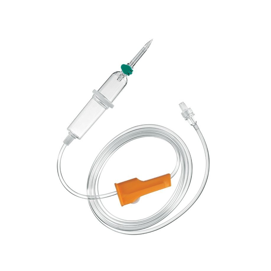 Perfusion avec chambre de goutte, tube et connecteurs. Matériaux transparents. Fermeture orange.