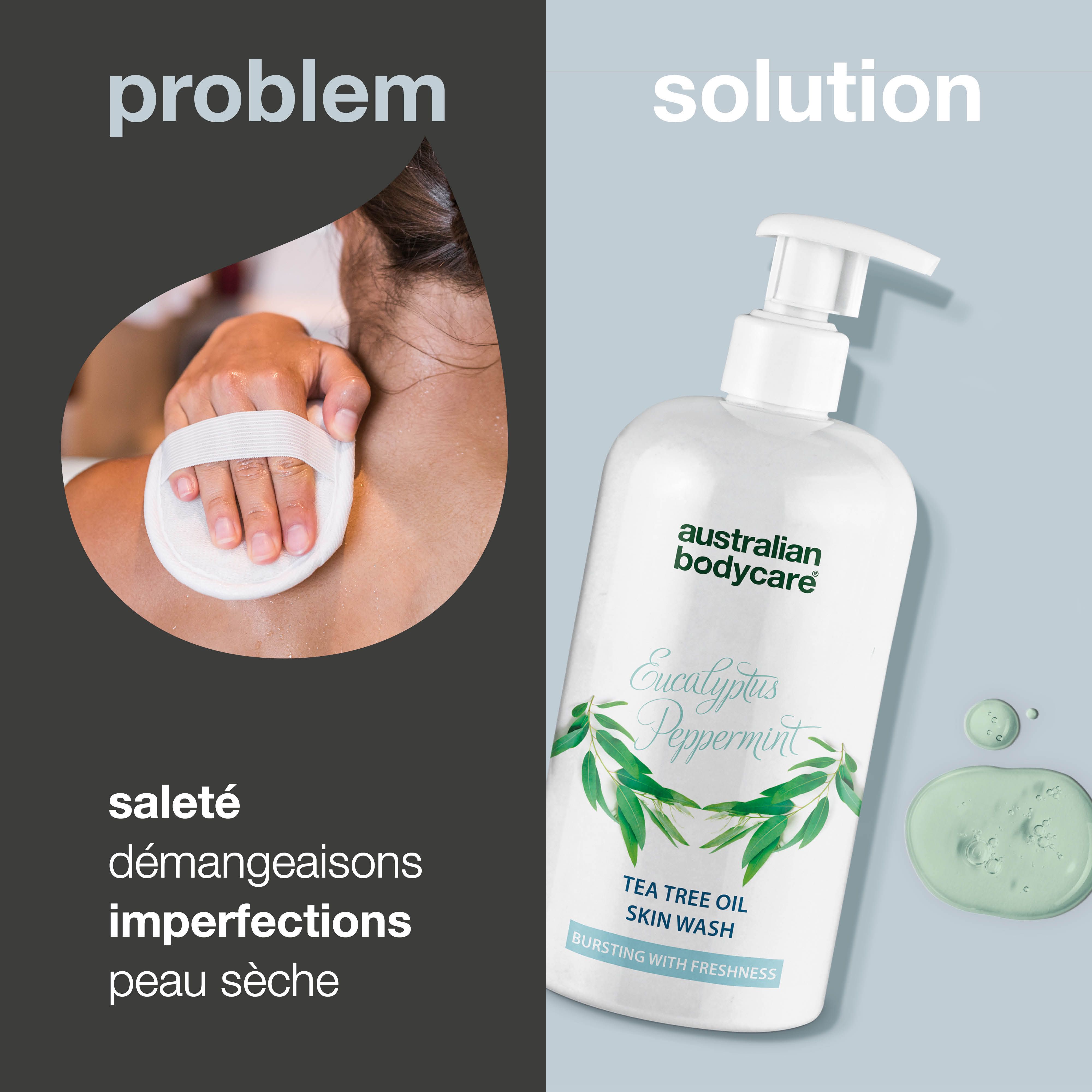 Image du produit et texte. Flacon avec pompe. Texte : Problème, saleté, démangeaisons, imperfections, peau sèche.