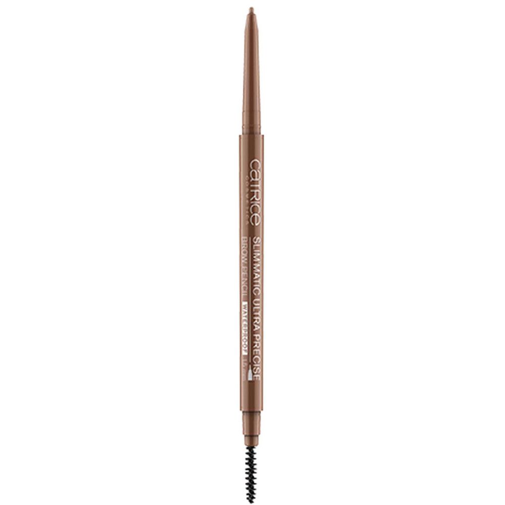 Crayon à sourcils avec brosse. Forme fine, mine marron. Inscription : Catrice, Slim'Matic Ultra Precise, Waterproof.
