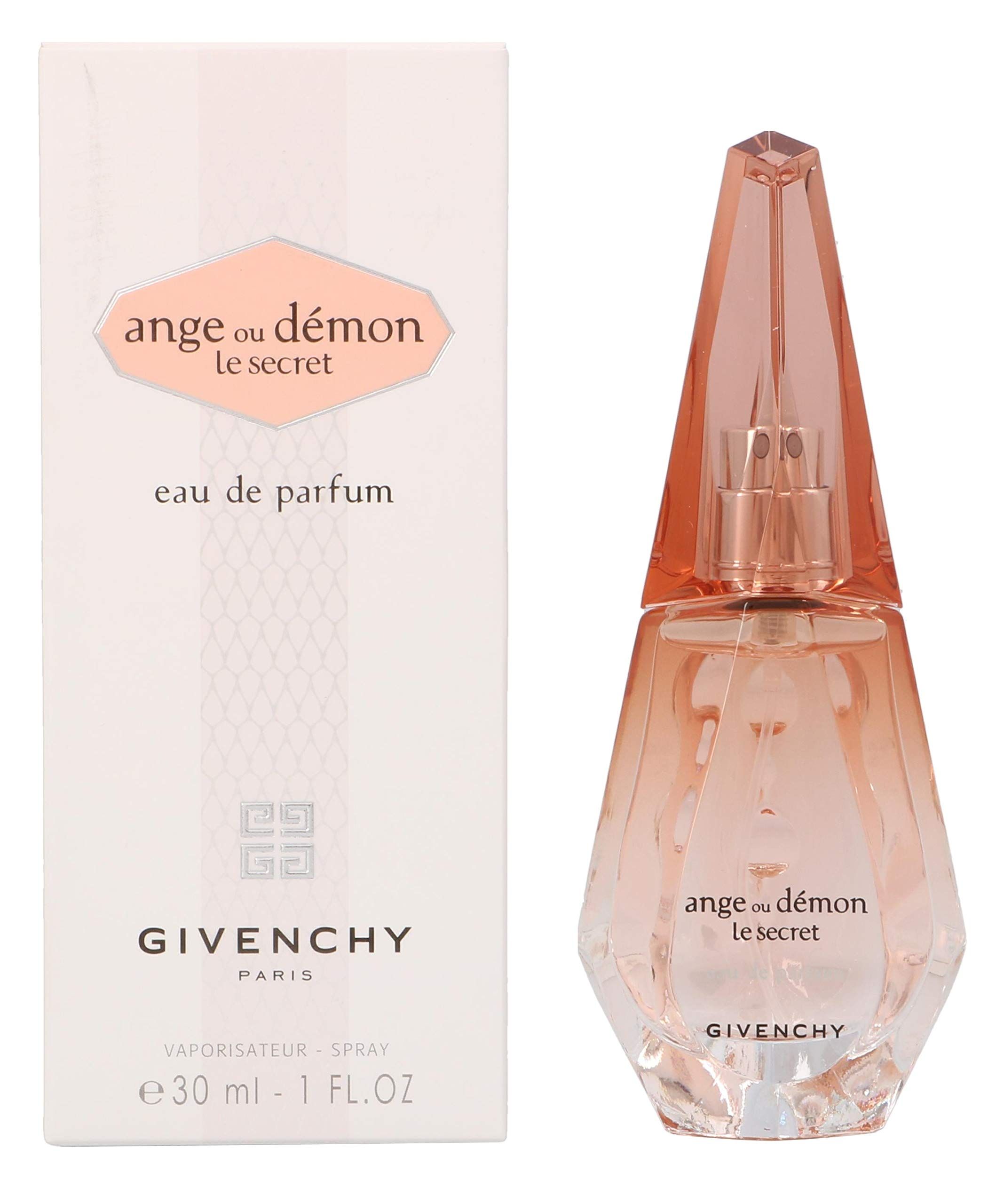 Flacon de parfum et emballage. Flacon: facetté, dégradé rose. Emballage: blanc, inscription: Ange ou Démon, Givenchy, Le Secret.