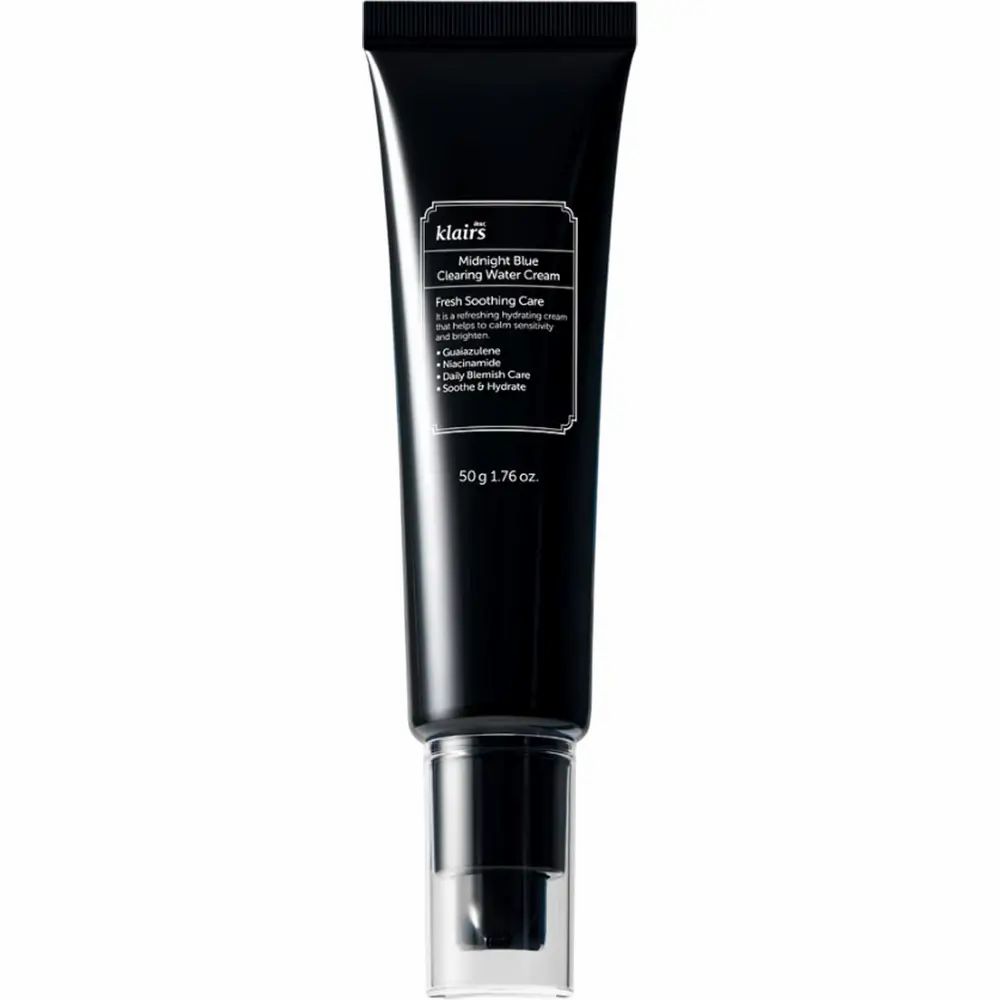 Tube noire avec étiquette blanche. Texte: Midnight Blue Clearing Water Cream, 50g 1.76 oz. Logo Klairs.