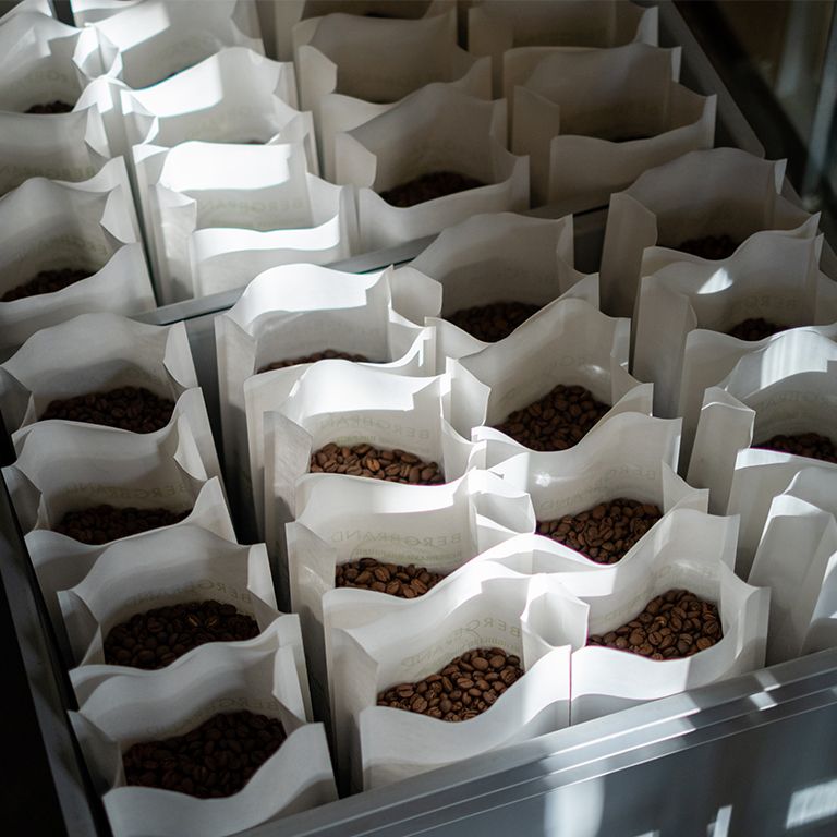 Plateau avec de nombreux sacs en papier ouverts contenant des grains de café. Grains de café dans des sacs.