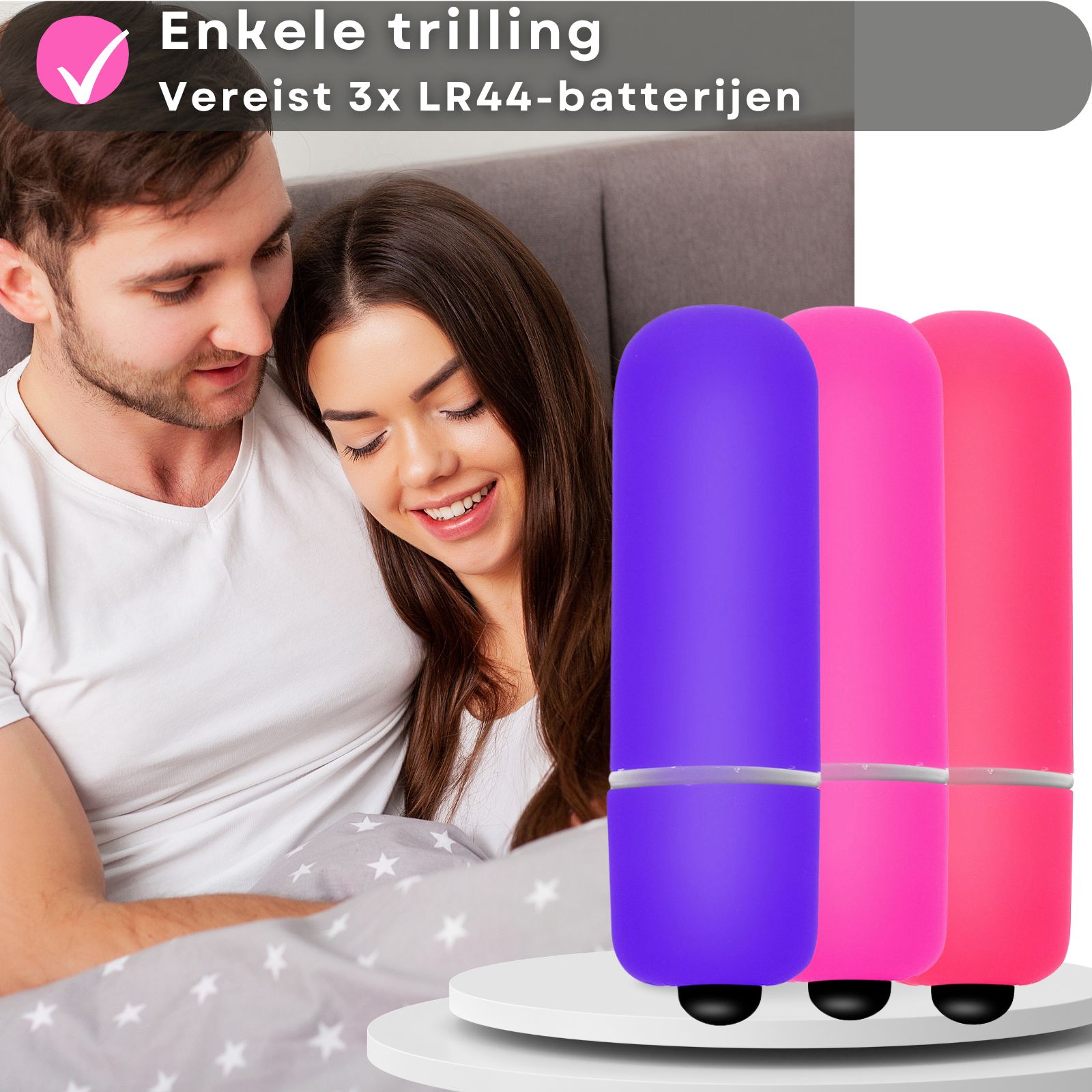 Drie mini-vibrators. Paars, roze en roze. Tekst: Enkele trilling, vereist 3 LR44-batterijen.