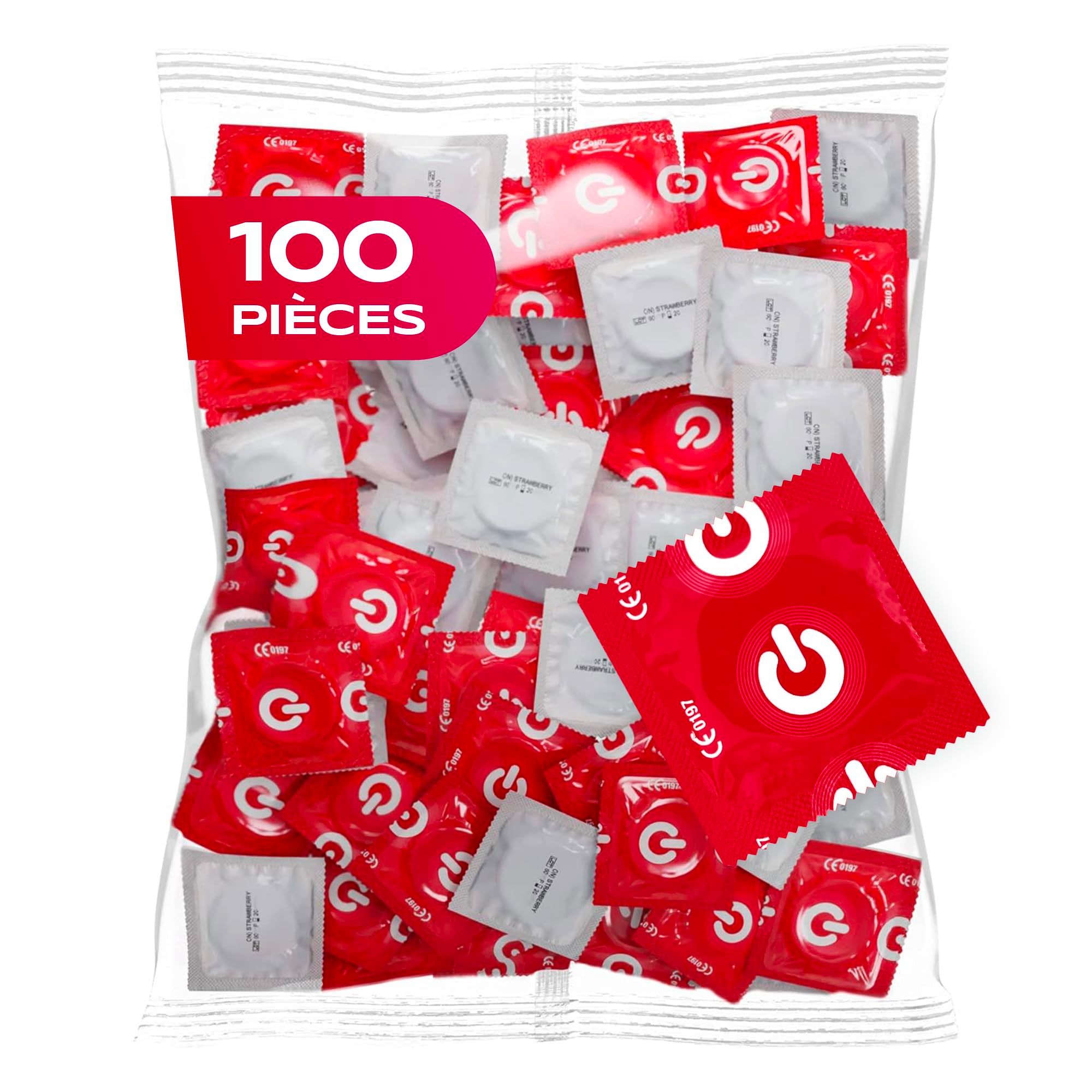 Grand paquet de 100 préservatifs individuels, emballés en rouge et blanc, avec logo bouton d'alimentation.