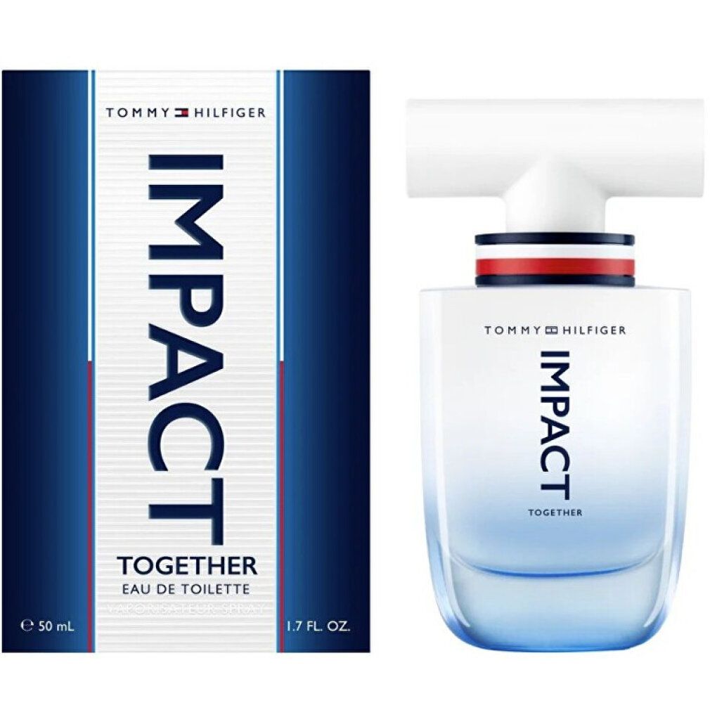 Flacon de parfum et emballage. Flacon bleu clair, bouchon blanc. Emballage bleu avec texte blanc. Inscription IMPACT TOGETHER.