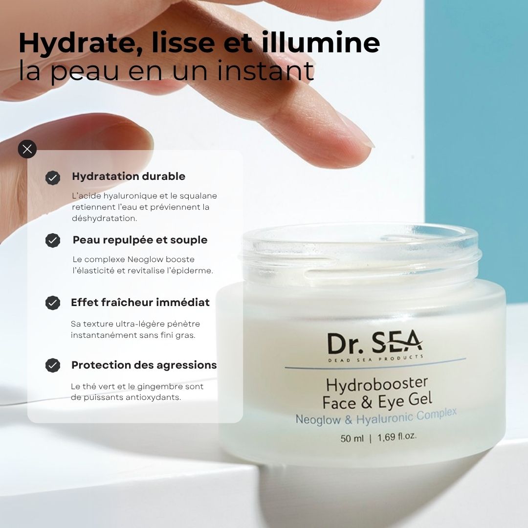 Produit avec texte et main. Inscription : Dr. SEA, Hydrobooster Face & Eye Gel, 50 ml. Texte sur les ingrédients et l'effet.