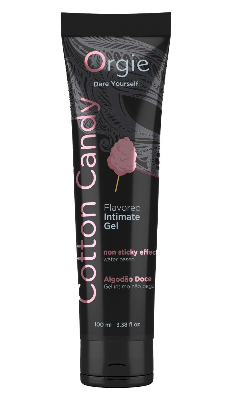 Tube noir « Cotton Candy » avec symbole de barbe à papa. Texte : Flavored Intimate Gel, non sticky effect, water based. 100 ml.