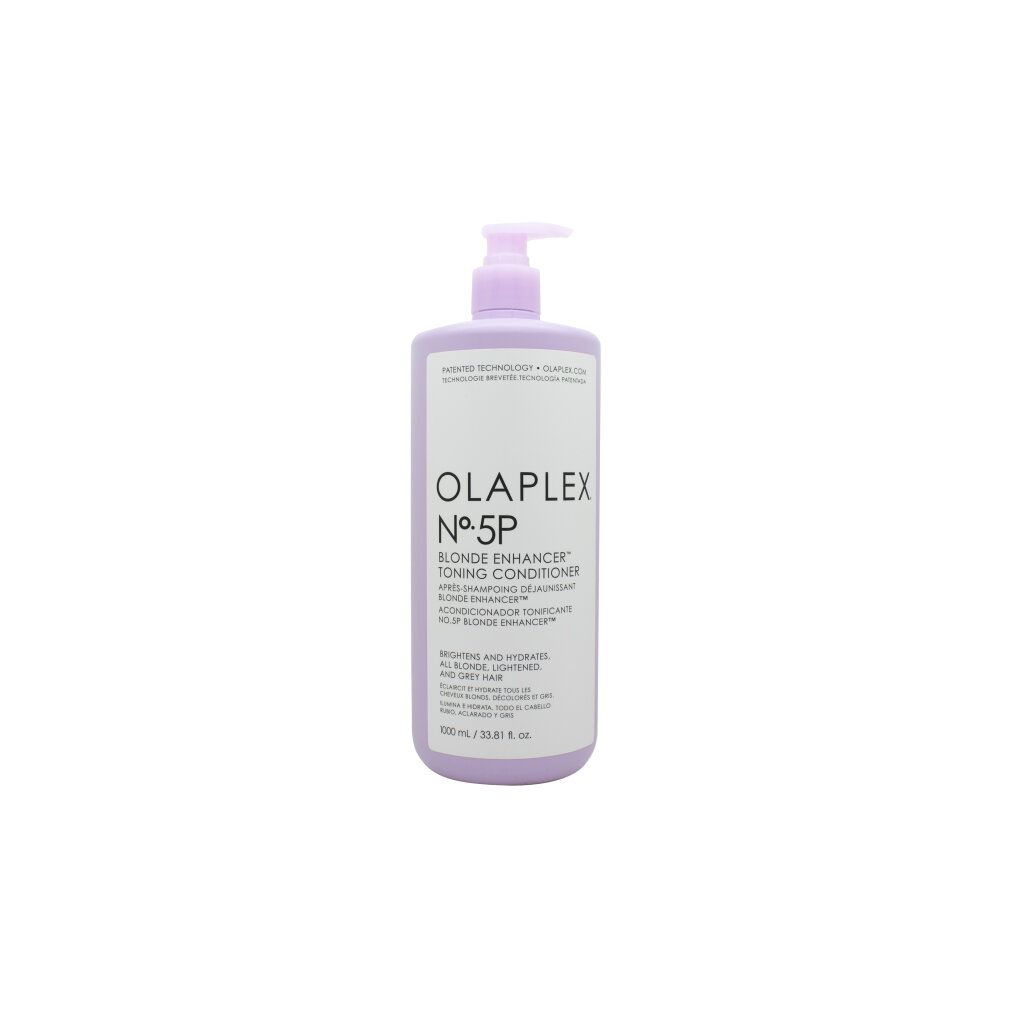 Flacon Olaplex N°5P. Flacon violet avec pompe. Texte: Blonde Enhancer Toning Conditioner. Pour cheveux blonds, éclaircis et gris.