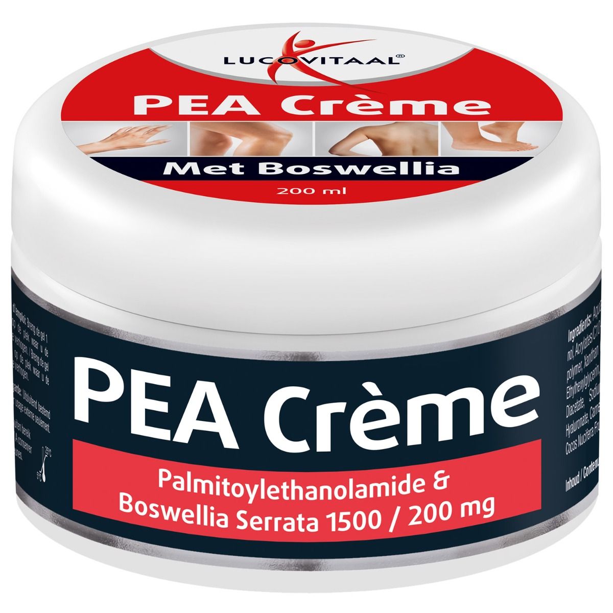 Ronde pot PEA Crème met rode deksel. Opschrift PEA Crème, Met Boswellia, 200 ml. Afbeeldingen van lichaamsdelen.