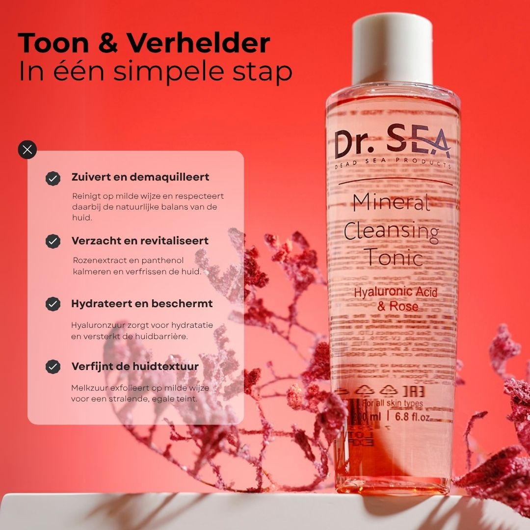 Roze tonic fles met tekst. Opschrift: Dr. Sea, Mineral Cleansing Tonic, Hyaluronzuur & Roos. 200 ml. Aanbevolen voor...