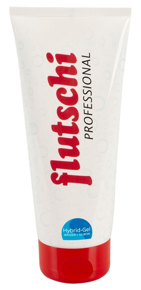 Tube, blanc avec bouchon rouge. Inscription : flutschi PROFESSIONAL. Hybrid-Gel Eau + Silicone.